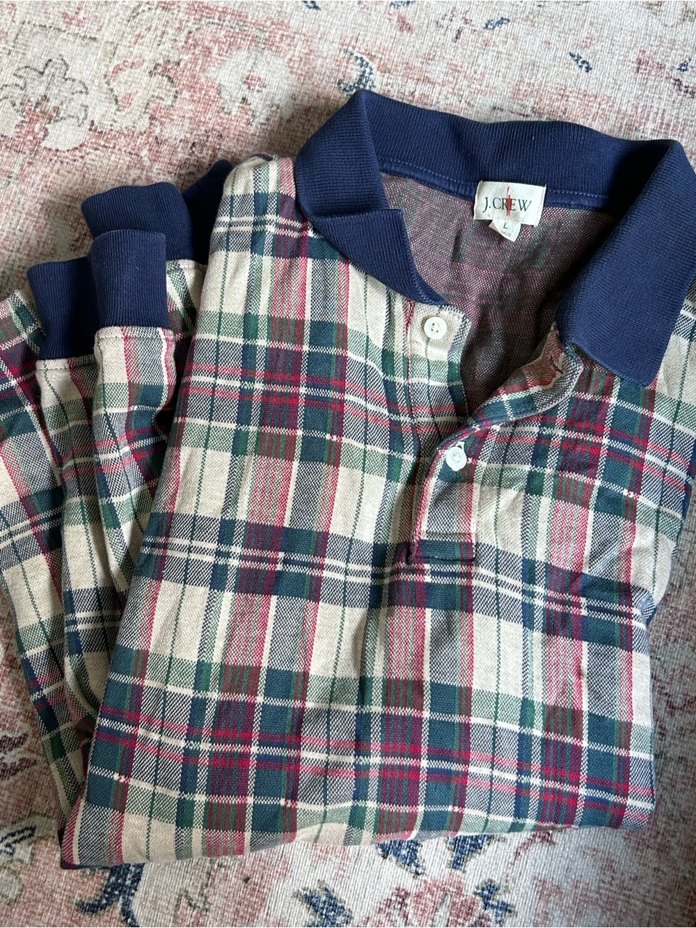 J. Crew Green Navy Red Plaid Long-Sleeve Polo